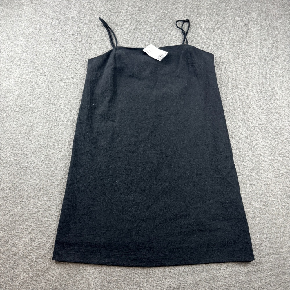 H&M Black Linen Blend Mini Dress Womens Small NWT Cami Straps Side Zip Short